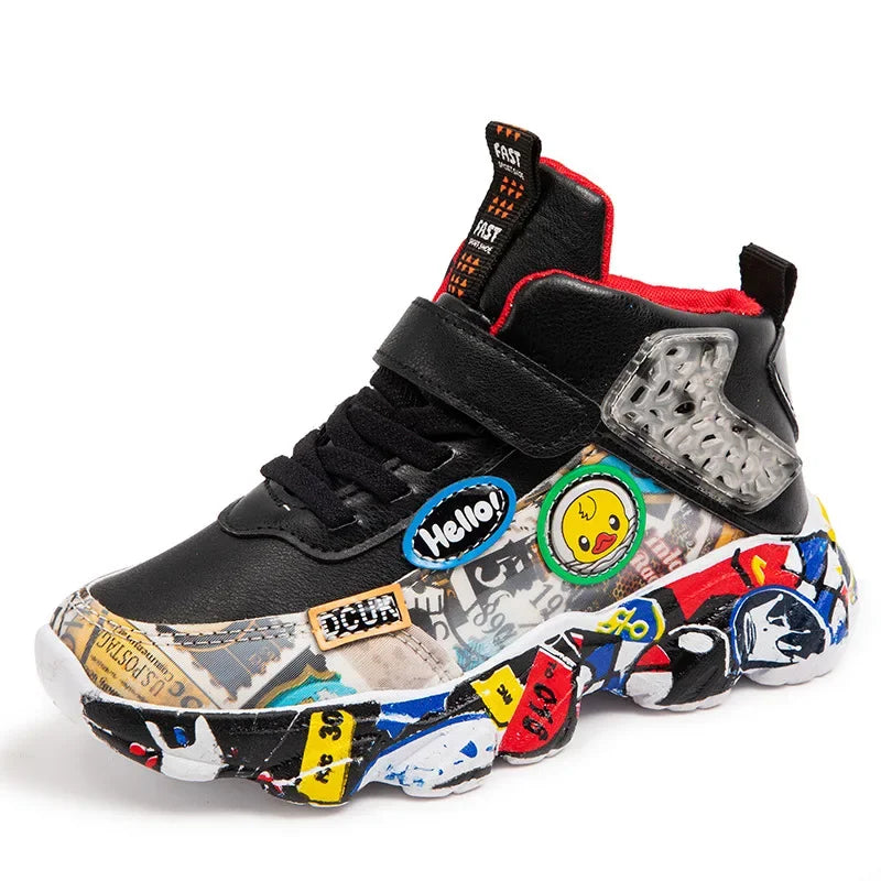 Size 26-37 Children Sports Sneakers for Girls Kid Cartoon Graffiti Pattern Casual Shoes Boys Basketball Shoe Chaussures De Sport