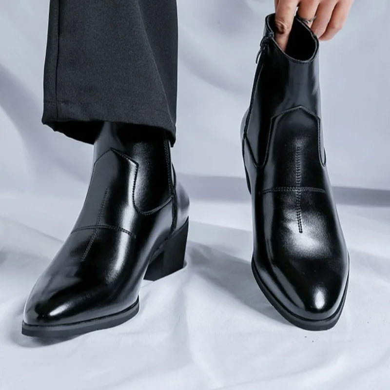 Men's Boots Leather Chelsea Boots British Style High Top Ankle Boots Zipper Pointed Toe Shoes Outdoor Business Male Dress Shoes