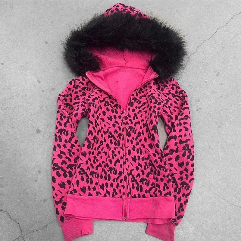 Plush Leopard Pattern Hoodie High Street Urban Beauty 90S Tops Trash Punk American Hip-Hop Rock Retro Chic Casual Women's Hoodie