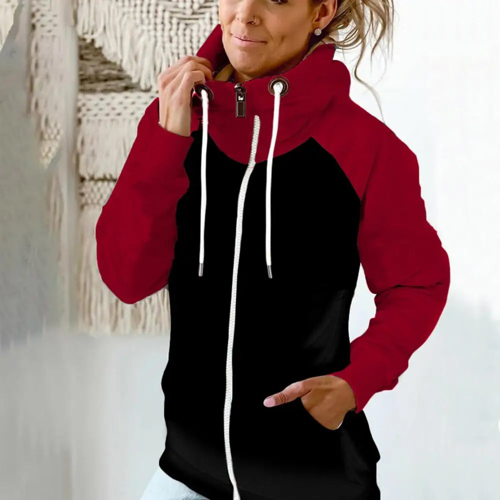 Drawstring Women Hoodie Zipper Hooded Fleece Contrast Color Cardigan Casual Lady Hoodie Casual Autumn Hoodie Lady Sweatshiet