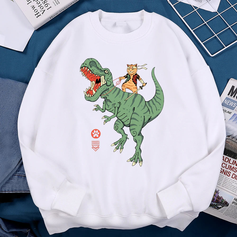 Japanese Harajuku Riding Dinosaur Cat Men Women Hoodie Fashion Fleece Hoodies Autumn Casual Clothing Fleece Oversized Streetwear