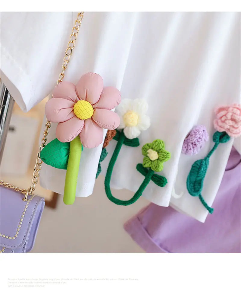 Children's T-Shirts Three-dimensional Flower Decoration Short Sleeve Kids Clothes for 3 To 13 Years Girls Tshirts