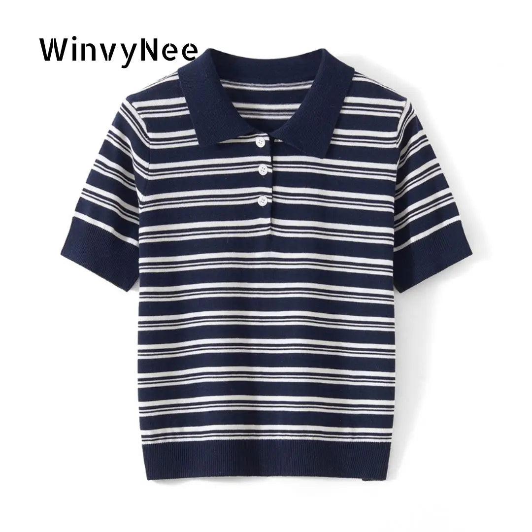WinvyNee Summer Women's Pure Cotton Sweaters Polo T-Shirts White Half Sleeve Striped Tees Y2k Outerwears Pullover Tops ZA1523012