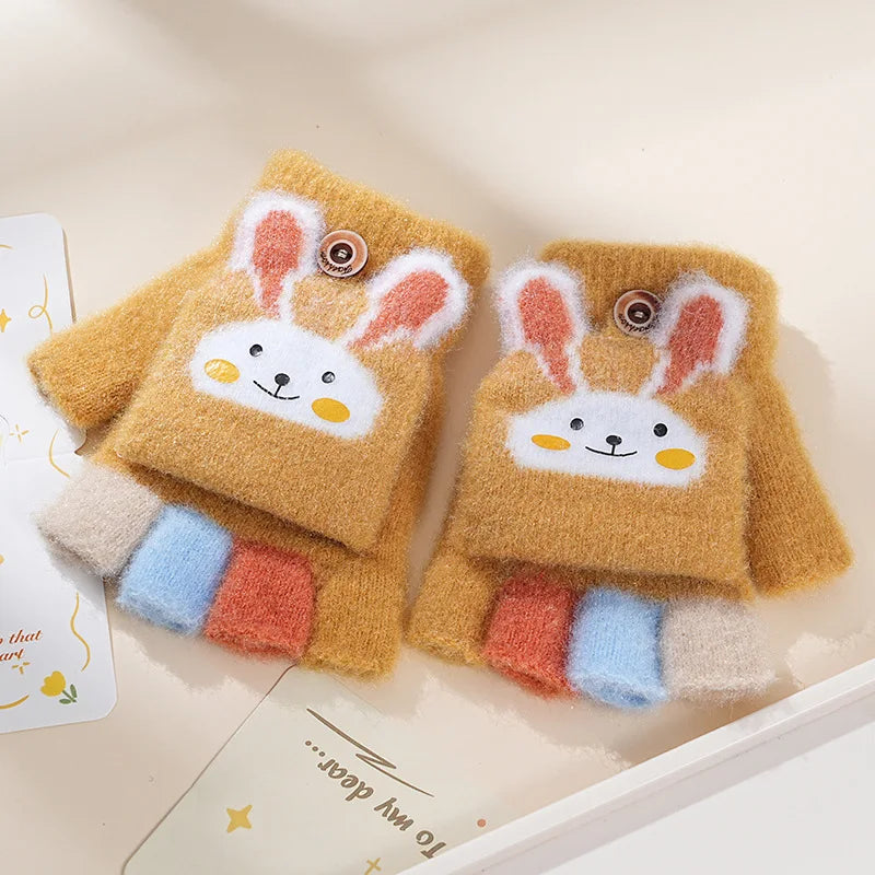 Children's Warm Gloves for Boys and Girls Cartoon Cute Half Finger Knitted Winter Flip Cover Baby Thick Cold Proof Five Fingers