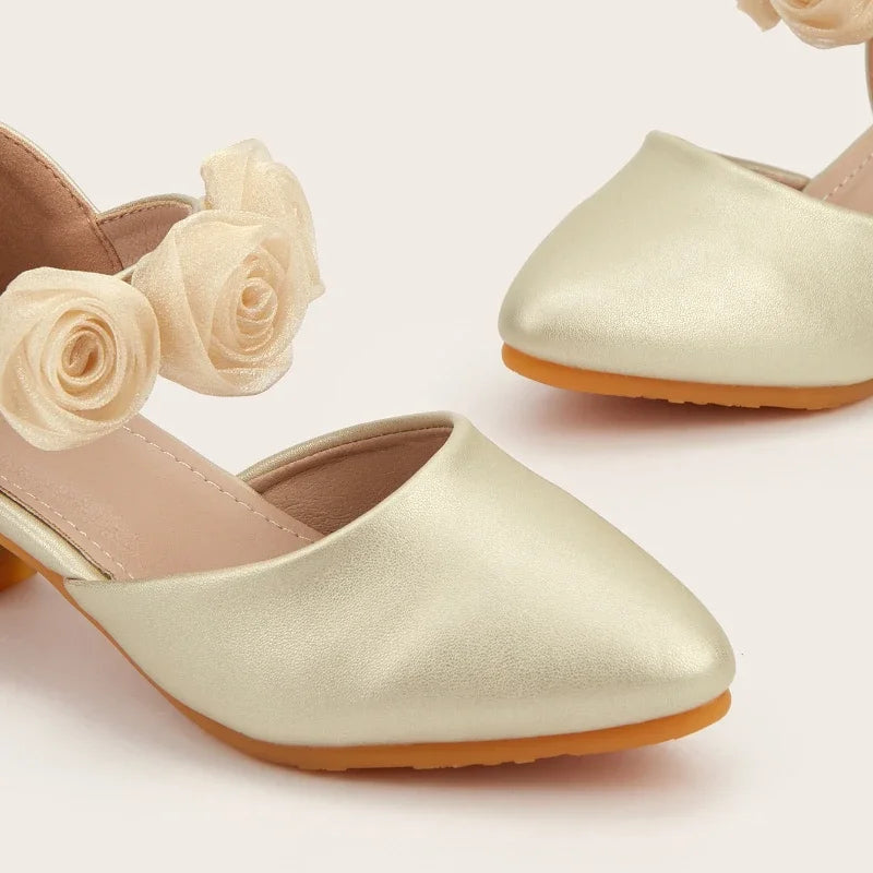 Summer New Fashion Children's Leather Shoes Rubber Soles Anti Slip Pointed-toe High Heels Flower Girls' Princess Sandals