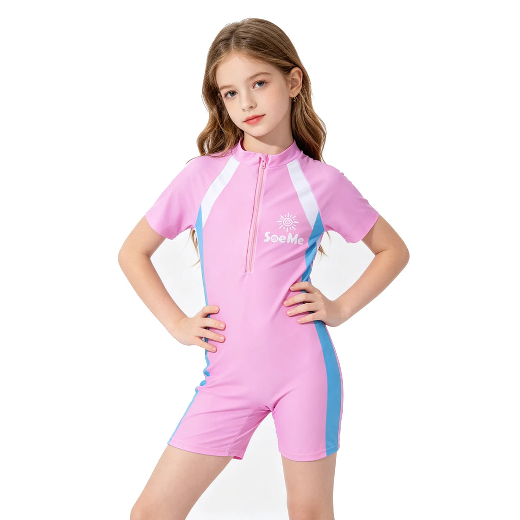Kids One-Piece Swimsuit Sun Protection Children Clothes Rash Guard Zipper Short Sleeve Swimwear Quick Dry Boys Girls Beach Pool