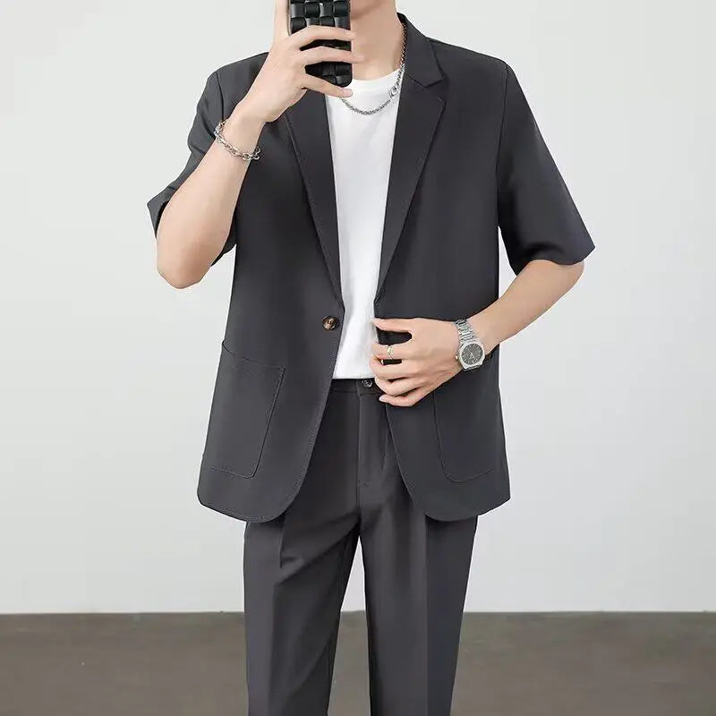 Men's Casual Half Sleeve Suit Jacket Polyester Fiber Breathable round Hemline Single Button Closure Standard Fit Adult Wear