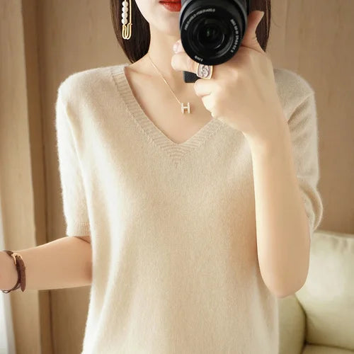 Women Sweater Casual Short Sleeve Pulls 2025 Spring Summer V-neck Knitwears Korean Fashion Shirts Tops Pullovers Soft Jumpers