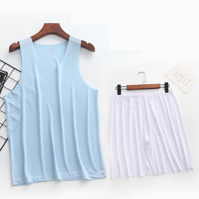 Mens Ice Silk T-Shirt & Short Pants 2Pcs Pijamas Sleep Set Ultra-thin Homewear Clothing Summer Pyjamas Sleepwear Nightwear Suit