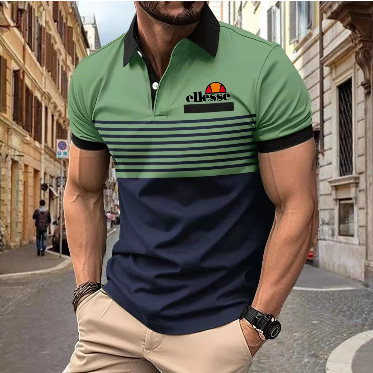 Premium Men's ellesse Polo Shirt: Skin-Friendly Material, Contrast Collar & Cuffs, Horizontal Stripes with Classic ellesse Logo