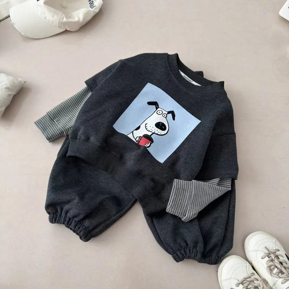 Kids Fake Two‑Piece Sweatshirt Sets 2026 Autumn Boys Girls Cartoon Print Striped Long Sleeve Top+Pants 2PCS Children Tracksuit