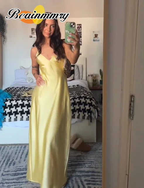 Elegant Satin Pink Women's Long Dresses Fashion Sleeveless Backless Slim Fit Hem Midi Dress Summer Female Holiday Robes 2026
