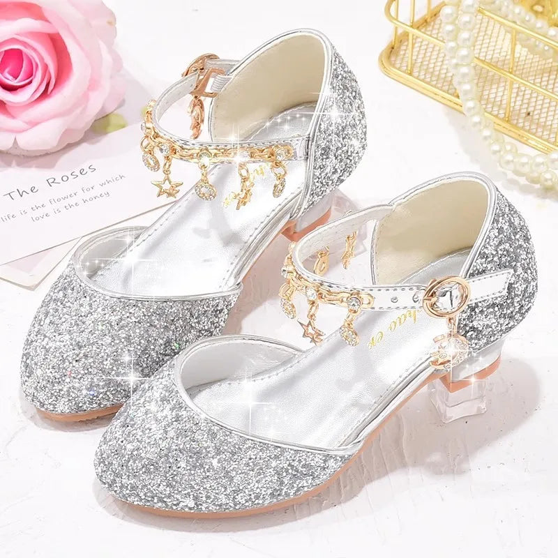Dancing Shoes Due To Gold for Girls Glitter Shoes Heels Girls Princess Flowergirl Dresses Golden Girl Child Shoe for Wed