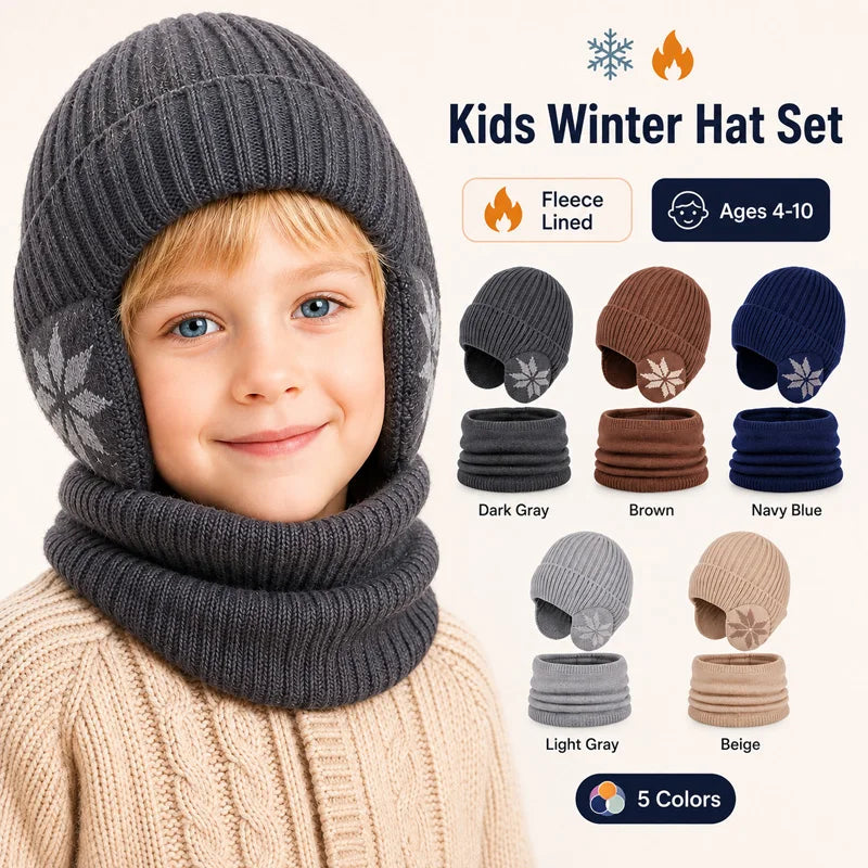 Kids Winter Knitted Hat Scarf Set for Boys Girls 2Pcs Fleece Lined Warm Earflaps Children Beanie Cap Neck Warmer for 4-10Y