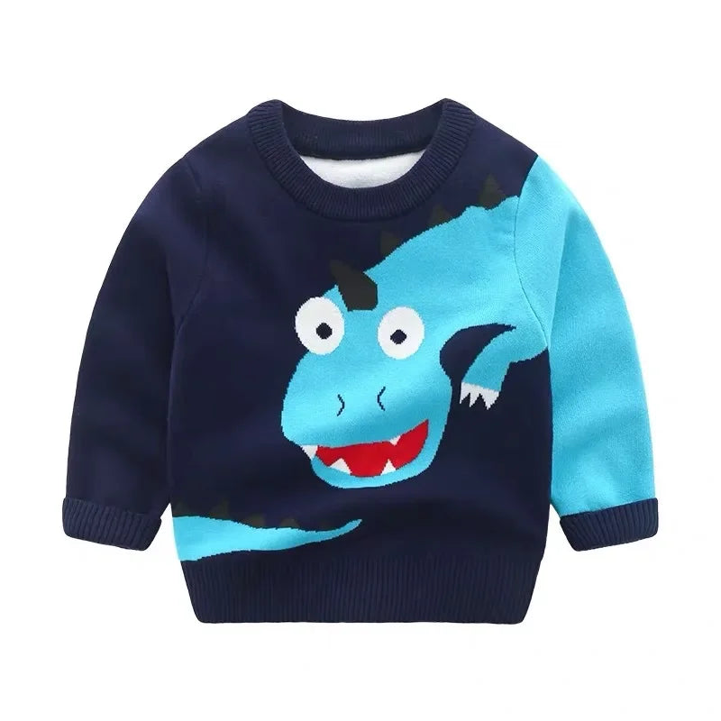New 2023 Kids Children Pullover Sweater Autumn Winter Boys Cute Cartoon Jacquard O-neck Knitted Jumper Sweaters Tops Clothing