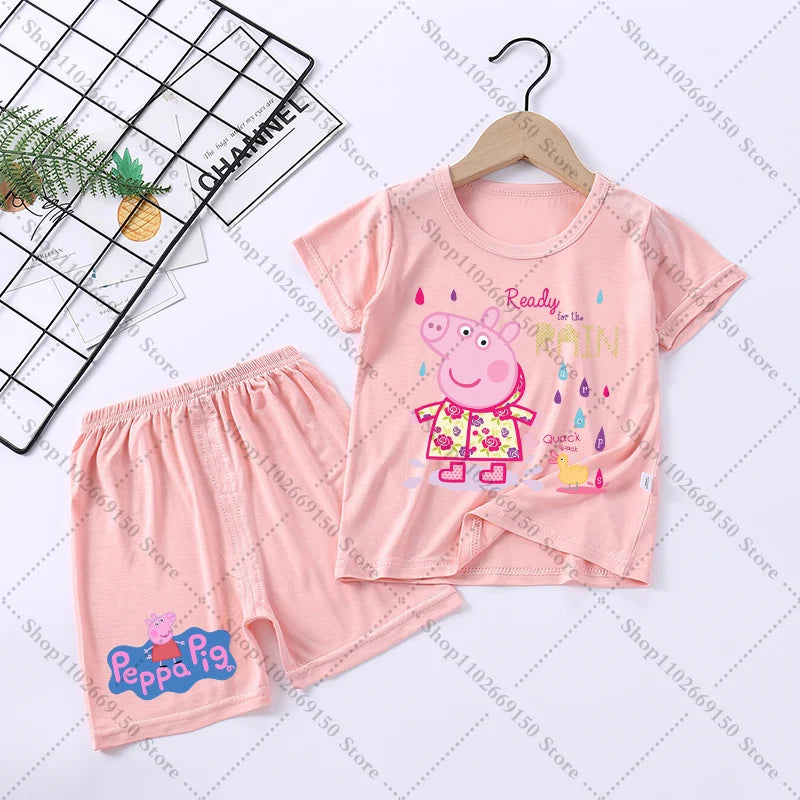 Children Anime Cute Pajama Set Cartoon Peppa Pigs Casual Pajamas Summer Clothing Nightwear Homewear Short Sleeve Loungewear Gift