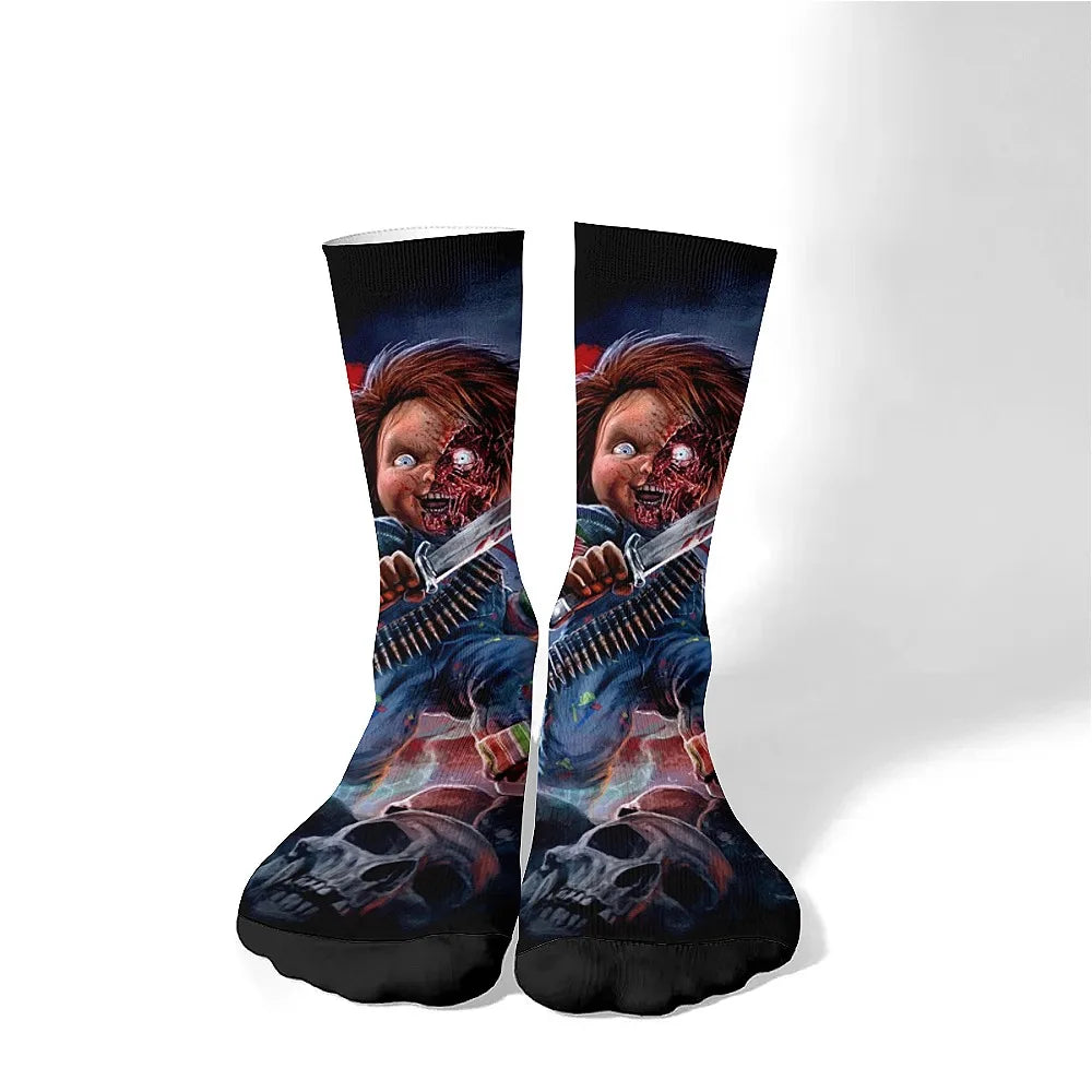 Horror movie themed men's fashion socks, fun crew socks, comfortable breathable socks, retro casual sports, the ideal gift.
