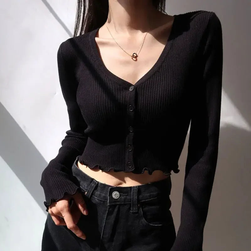 Sexy Knitted Cardigan V Neck Naked Navel Crop Tops Chic Fungus Hem Shirt Women's Spring and Summer Korean Versatile Y2k Sweater