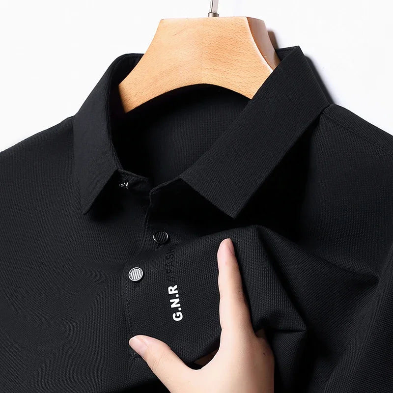 Men's Short Sleeve Solid Color Polo Shirt New Breathable Comfortable Elastic Top for Casual Wear