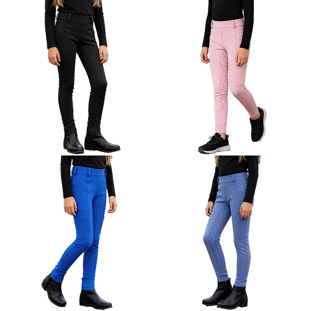 Kids Boys Girls Horse Riding Pants Sports Anti-slip Full Seat Equestrian Breeches Leggings with Multiple Pockets Outdoor Workout