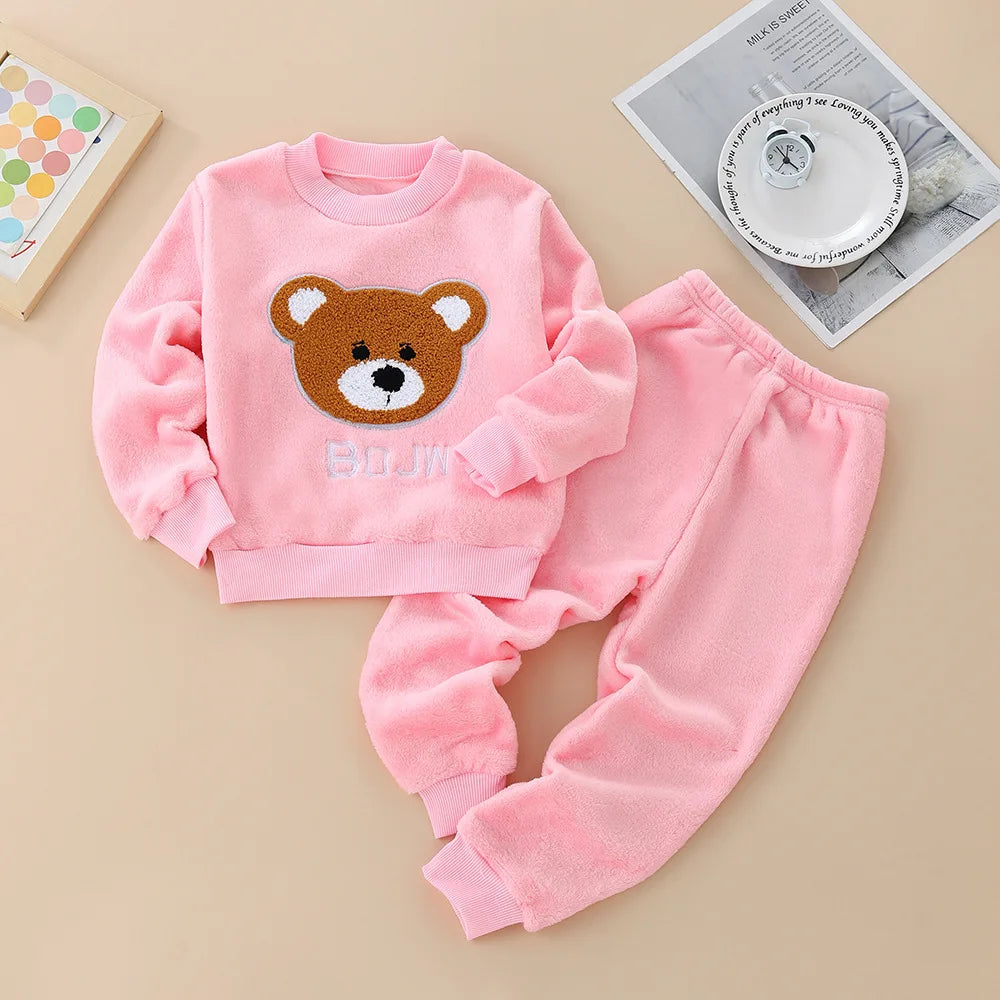 2026 Kids Flannel Pajamas 2Pcs/Sets Thickened Warm Print Baby Homewear Soft Coral Fleece Boys Girls Sleepwear Winter Loungewear