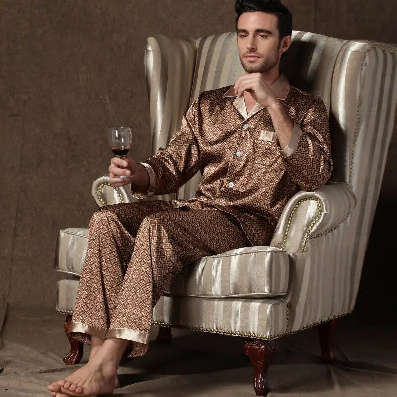 Pajamas Men Spring Summer Thin Ice Silk Luxurious Loose Fitting Home Wear Suit Male Satin Pyjamas Set Night Pajamas Set Men