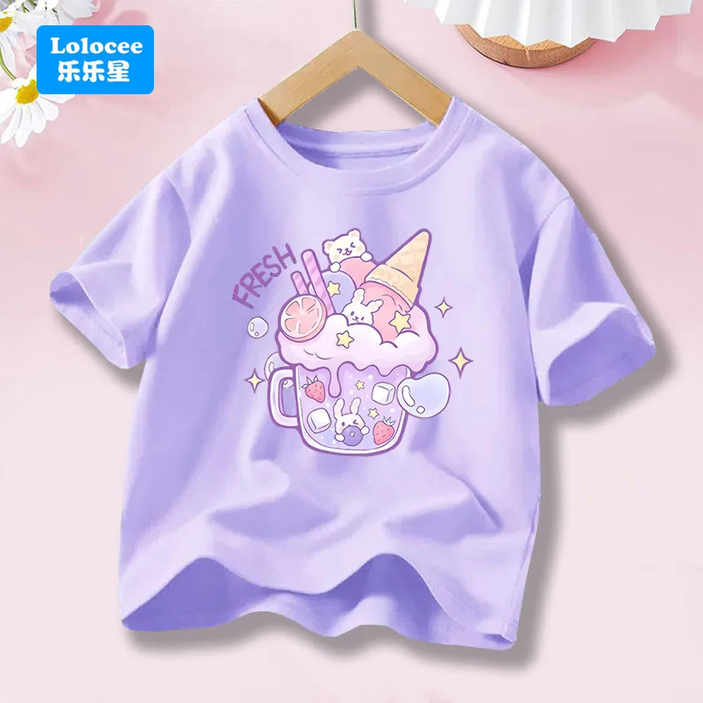 Kids' Short Sleeve Cartoon T - Shirt Fresh Dessert & Animals  Cartoon Print Casual Top Kawaii Summer Clothes  YLXX1