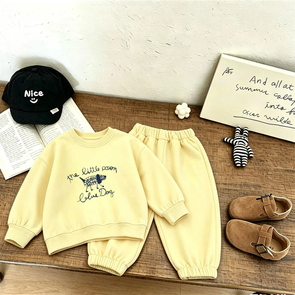 Kids New Design Hoodies Loose Pants 2Piece Set Cartoon Printed Pullovers Solid Color Pants Infant 2027 Sprong Autumn Costume