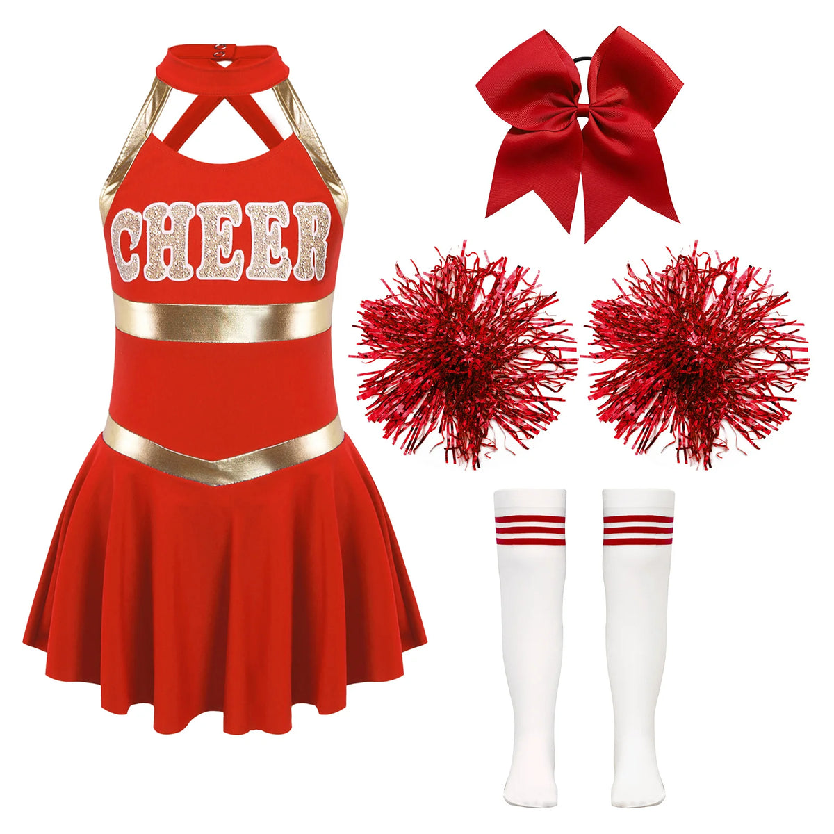 Kids Girls Cheerleading Costumes Childs Sleeveless Dress Hand Flowers Striped Socks Dancewear Sets Schoolgirl Cheer Dance Suits