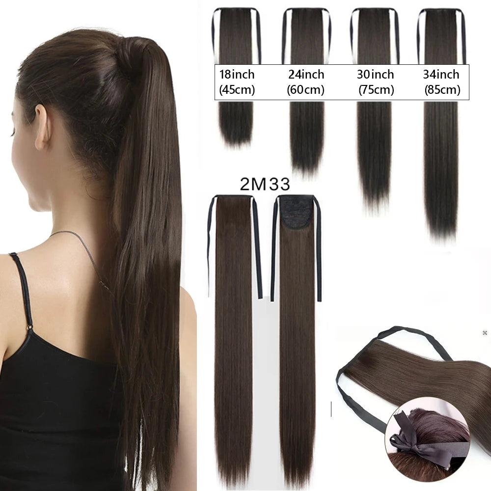Women's Synthetic Wig (18inch-34inch) Long Straight Hair with a Ponytail Wrap and Clip Style Hair Accessory