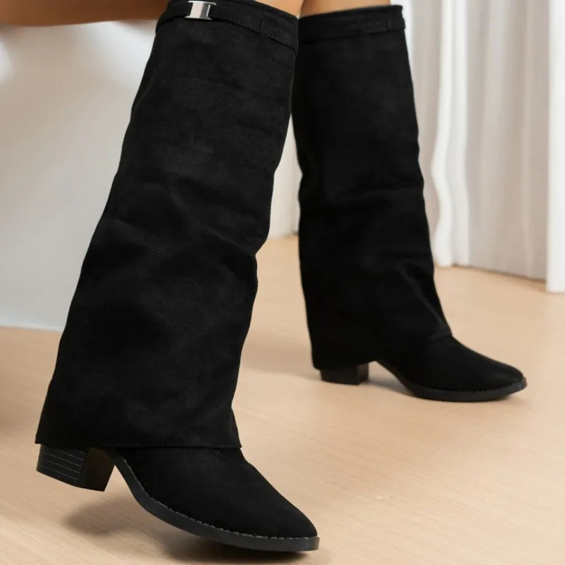Women's Boots 2026 New Pointed Toe Long Tube Boots Metal Buckle Chunky Heel Pants Boot Women's Fashion Winter Boots Large Size