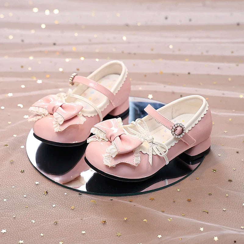 Girls High Heels New Leather Shoes Princess Chic with Double Bow-knot Kids Princess Wedding Party High Heels Fashion Dress Shoes