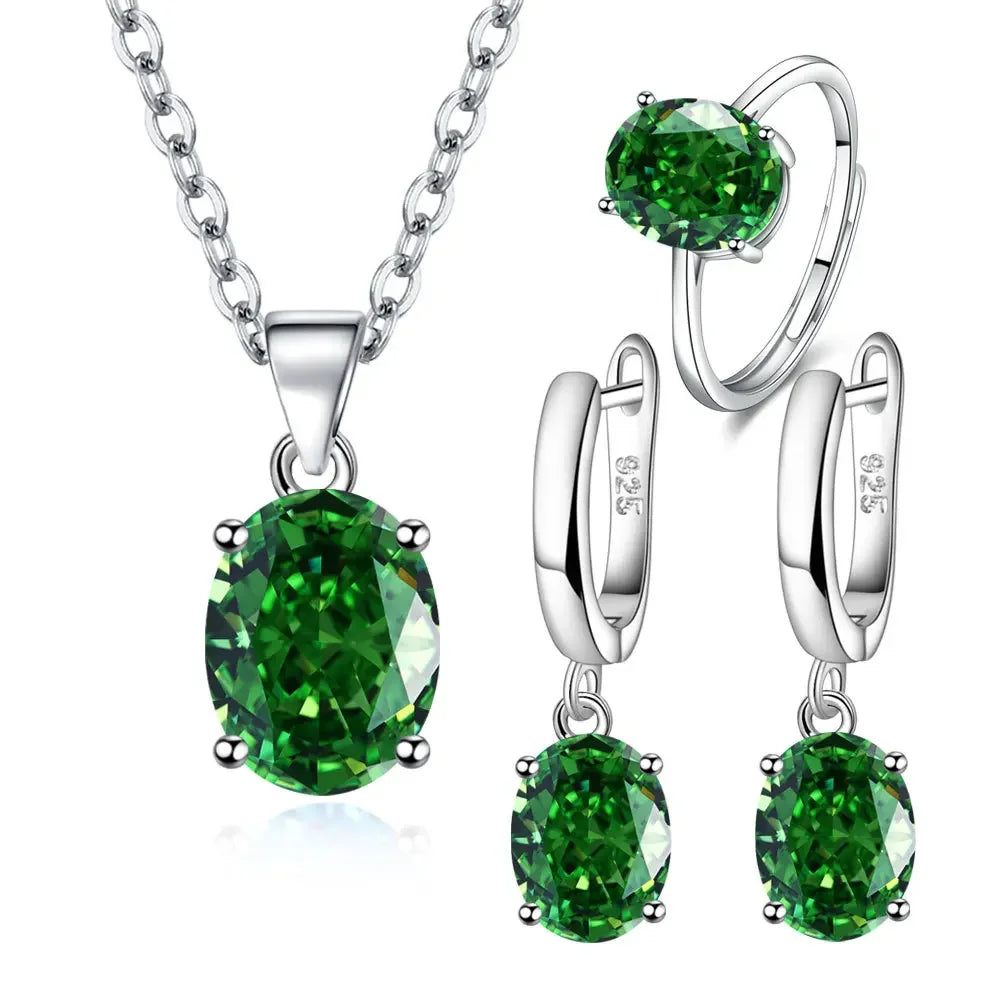 S925 Sterling Silver Jewelry Sets For Women Ellipse Zircon Ring Necklace Earrings Luxury Accessories