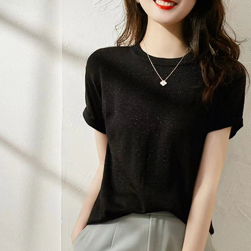 Commuter Joker Bright Silk Round Neck Ice Silk Short-Sleeved T-Shirt Women's Summer Thin Loose Slim Plus Size Vest Sweater