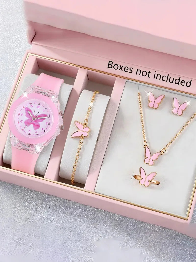Children's Butterfly Watch And Jewelry Set Birthday Gift Unisex Cute Butterfly Theme Accessory Kit for Kids (No Box Included)