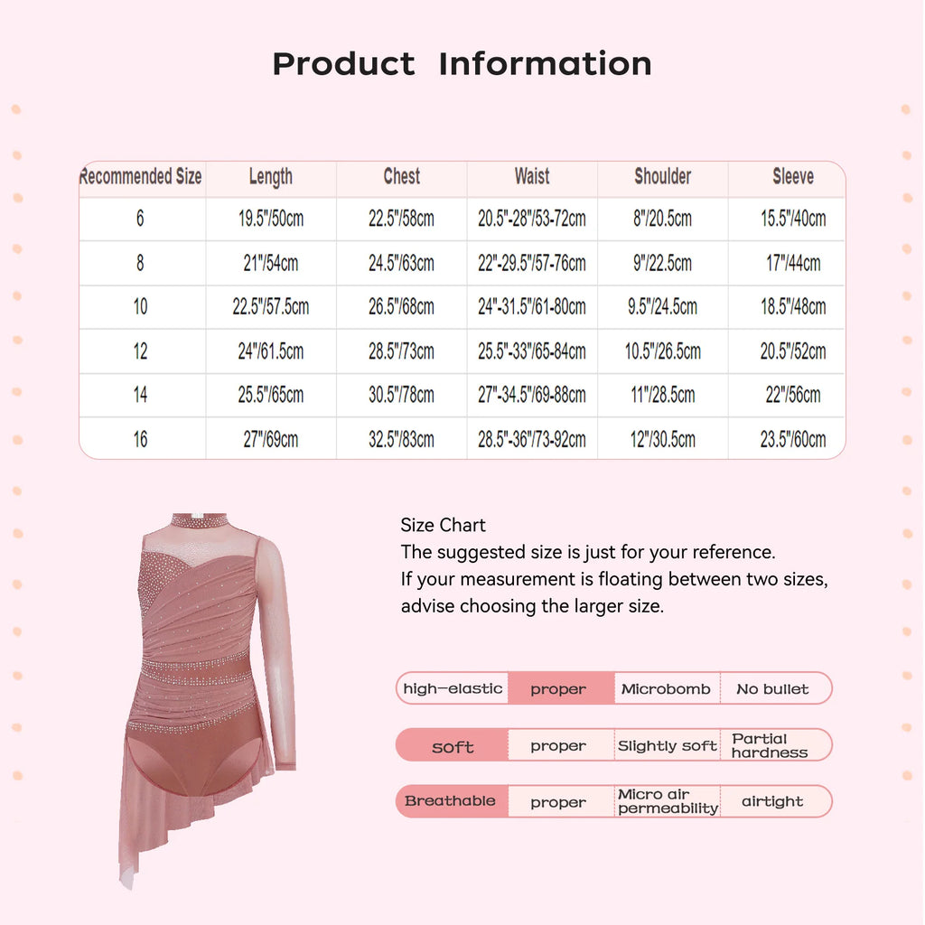 Kids Girls Lyrical Dance Dress Sleeveless Sheer Mesh Patchwork High-Low Hem Ruched Shiny Rhinestone Leotard Dress Ballet Dresses