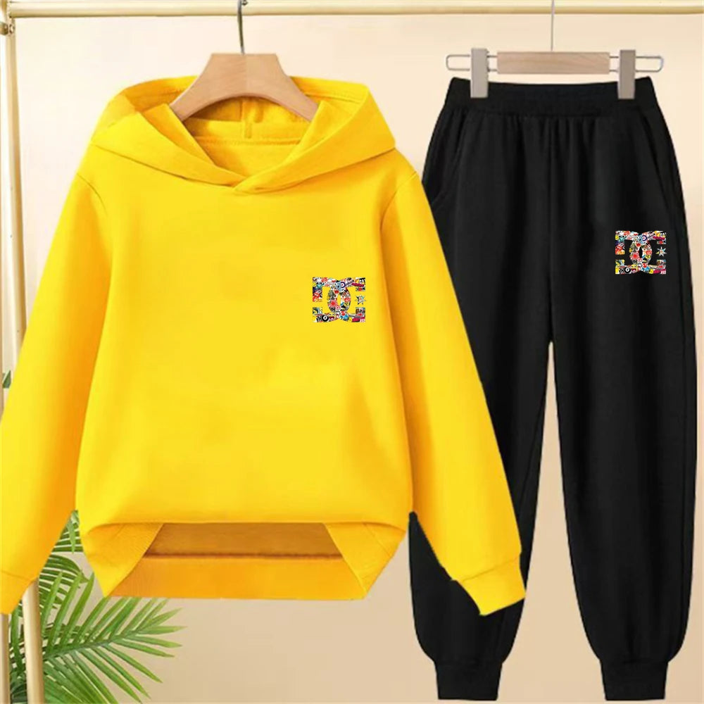 Children's hoodie 3-12 years girls pink boy black tops+pants set leisure sweatshirt printing fashion Kids autumn clothing