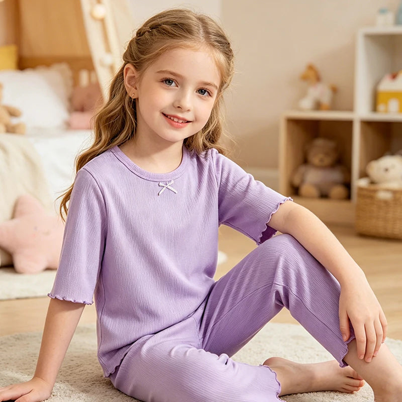 Kids Girls Ice Silk Loungewear Set Sweet Ruffle Sleepwear Soft Breathable Summer Casual Home Pajamas 2 Piece Outfit