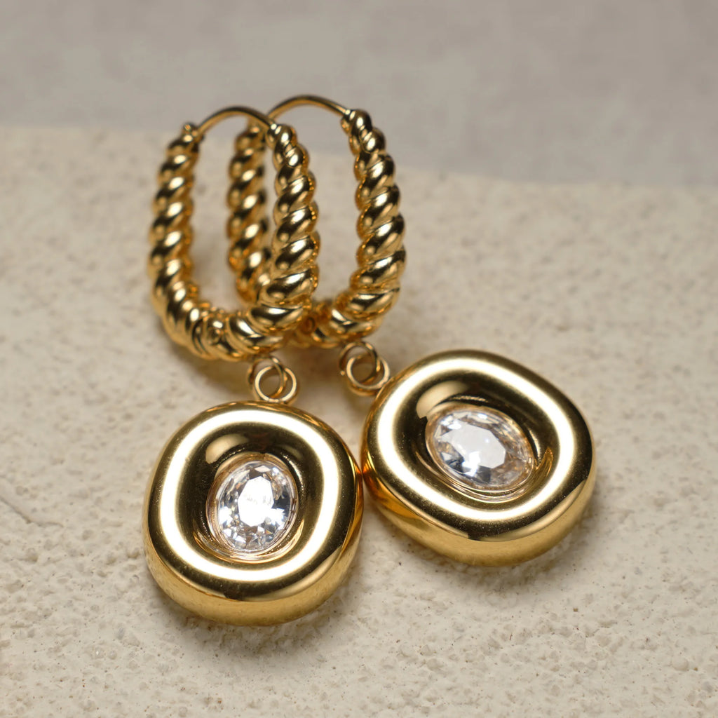 Women 2 Piece 18K Gold Plated Zircon Jewelry Set, Twisted Hoop Drop Earrings And Open Ring, Waterproof Stainless Steel