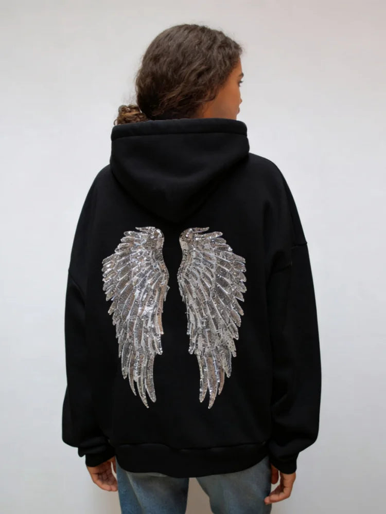 Female Sequined Wing Print Pattern Hoodie Autumn Fashion Classical Hooded Sweatshirt 2025 Loose Elegant Versatile Warm Pullover