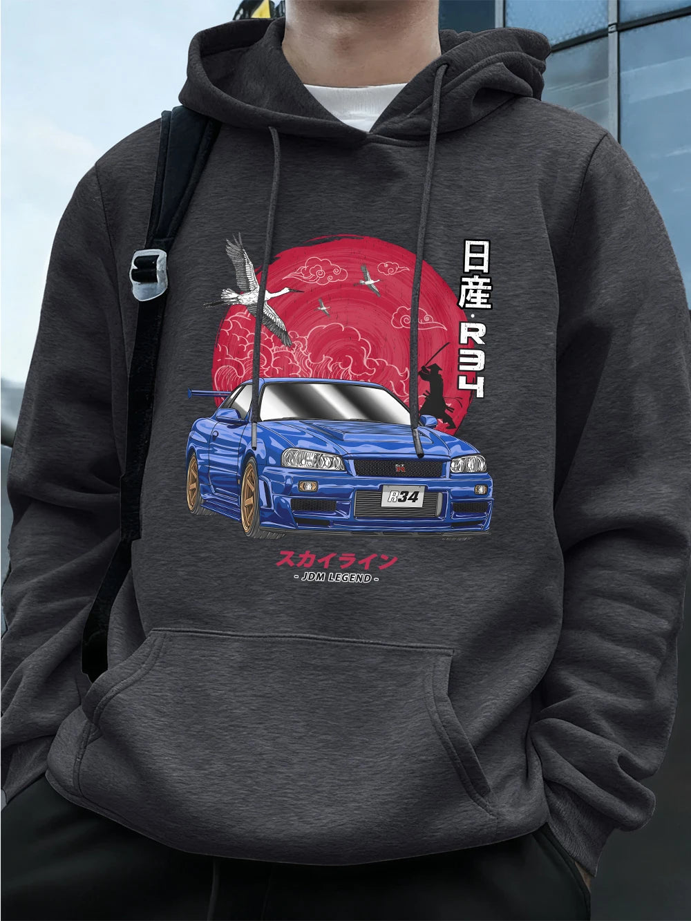 Nippon Jdm Skyline Gtr R34 Prints Mens Hoodies Autumn Pocket Sweatshirt Basics Fleece Warm Loose Pullover Korean Men'S Clothes