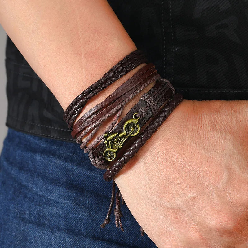 Fashion Bracelet For Men Hand Bangles Woven Alloy Motorcycle Hand Jewelry Adjustable Leather 4Pcs/Set Bracelet For Leather