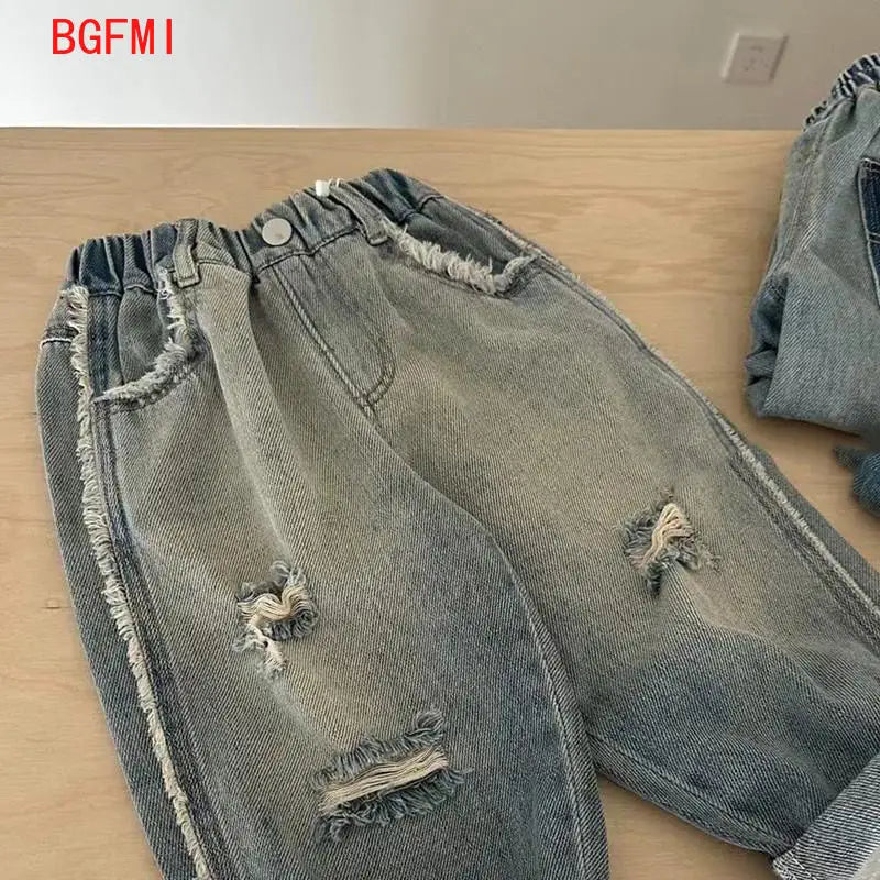 Kids Jeans Fashion Cartoon Ripped Denim Pants Jeans for Girls and Boys Korean Children Clothes Wide Leg Pants 2-10 Y Bottom Part