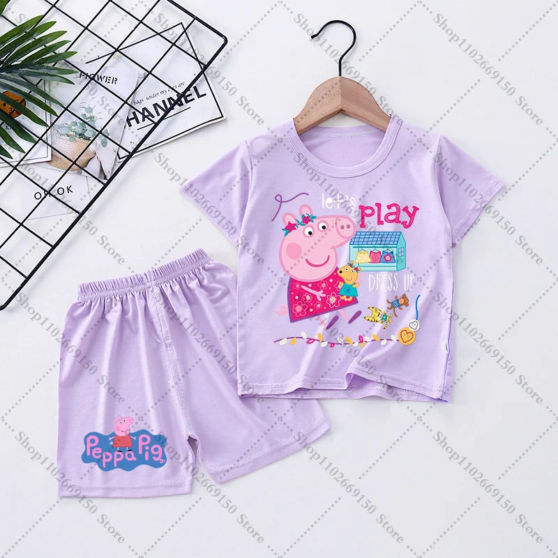 Children Anime Cute Pajama Set Cartoon Peppa Pigs Casual Pajamas Summer Clothing Nightwear Homewear Short Sleeve Loungewear Gift