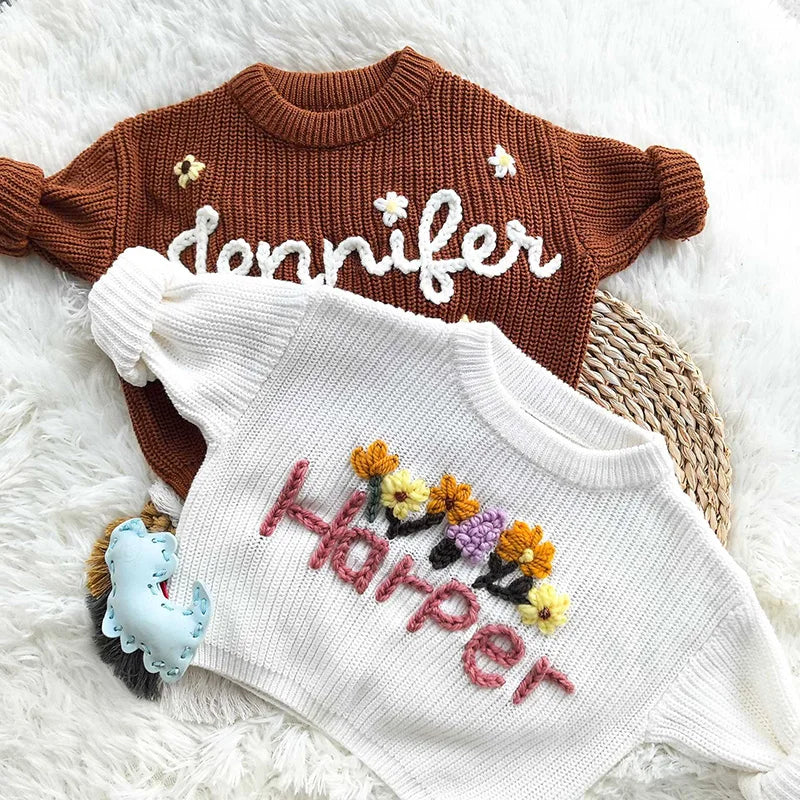 Personalized Baby Cotton Sweater Custom Name Hand Embroidery Knitted Pullover for Boys Girls Autumn Winter Kids Knitwear 0-7T