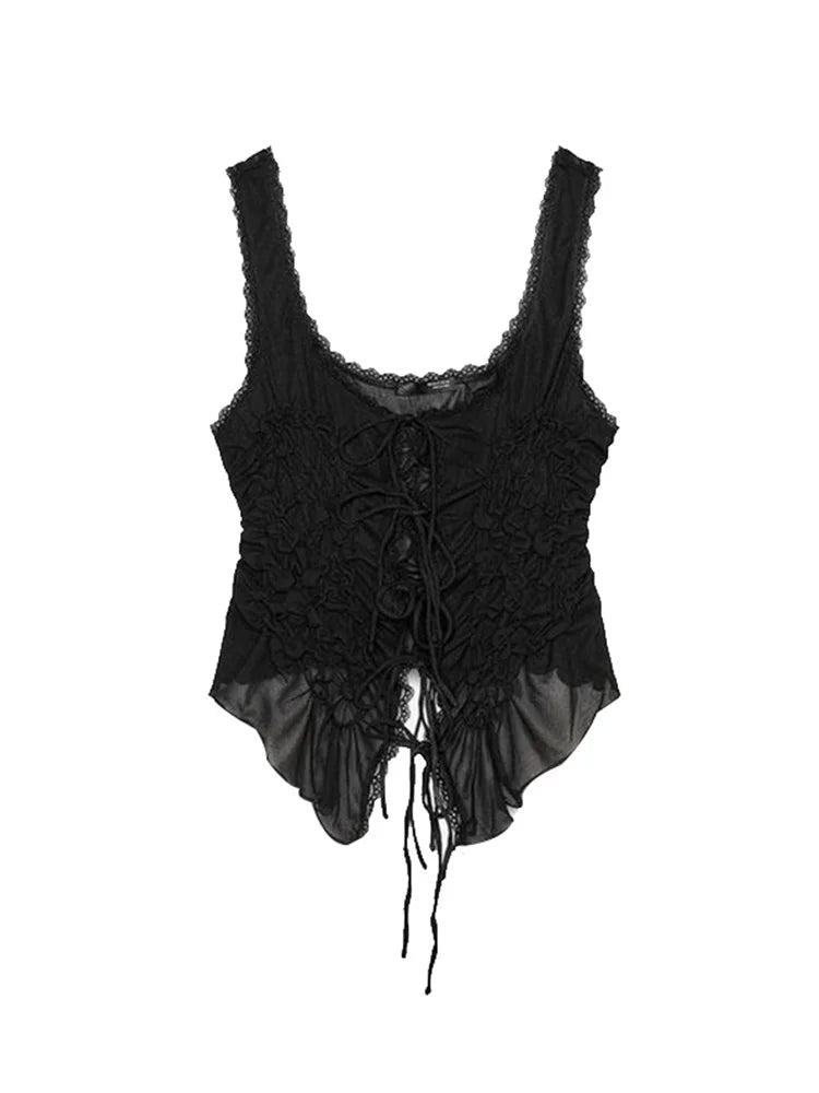 Sexy Lace Up Ruffles Vest Women See Through Hollow Out Slash Neck Solid Tops 2026 Spring Summer Chic Streetwear Clothes Lady