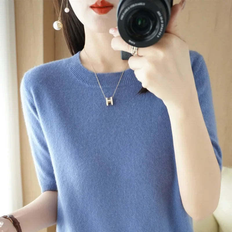 2025 Spring Summer Womens Sweater Short Sleeve O-neck Slim Fit Knitted Pullovers Bottoming Casual Knitwear Camel Pink Clothes