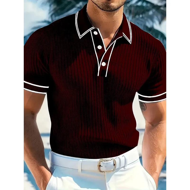 New Men's Short Sleeved Summer Color Blocked Striped Lapel Polo Shirt for Summer