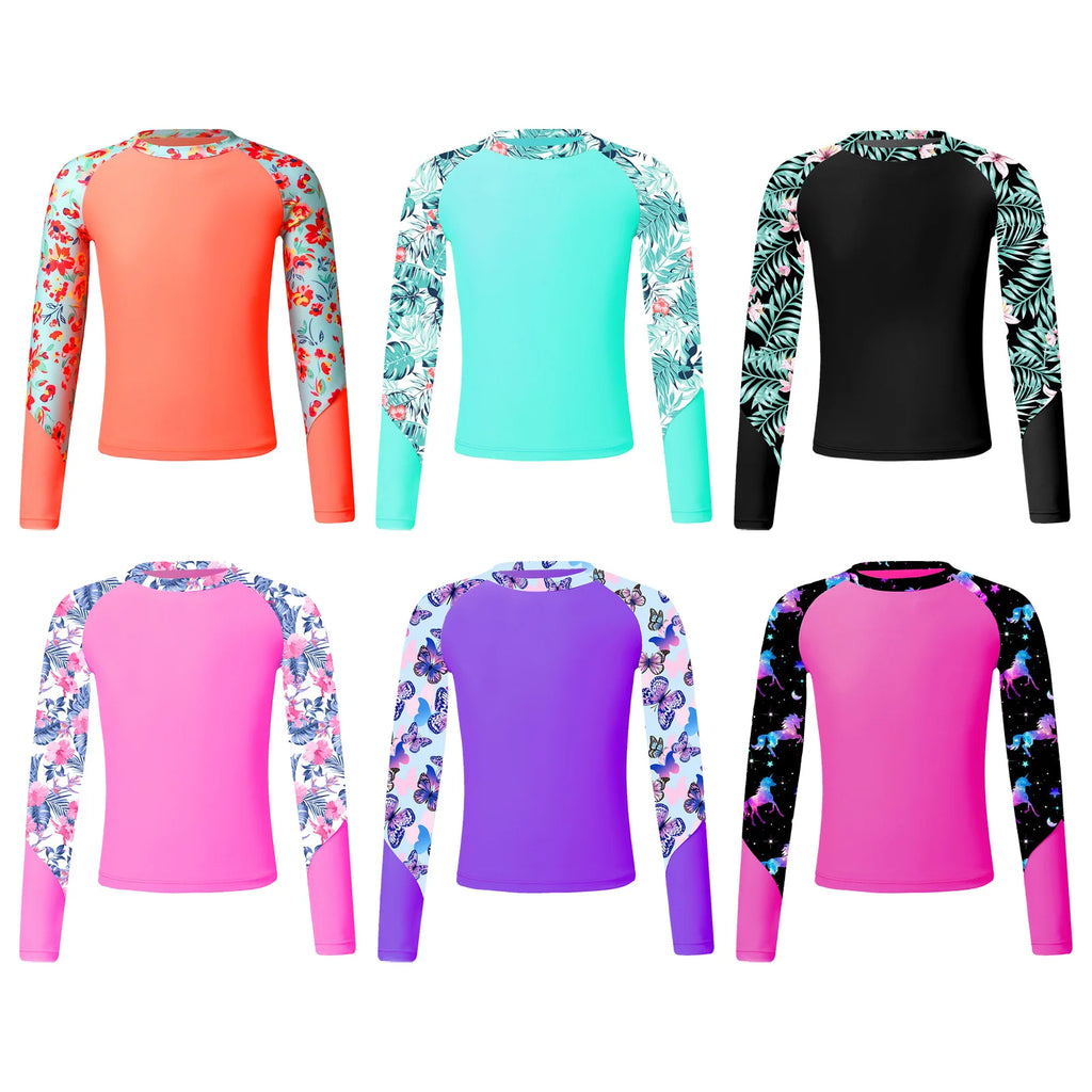 Kids Girls Swimming Shirt Sun Protection Long Sleeve Print Top Swimsuit UV Rash Guard Swimwear Surfwear Pool Beach Bathing Top