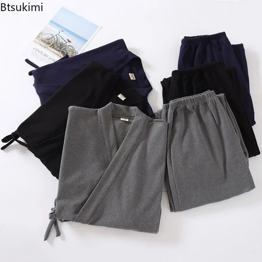Men's Traditional Japanese Pajamas Sets Fashion Two-sided Plush Thicker Warm Housewear Men Kimono Tops and Pants Nightgown Suit